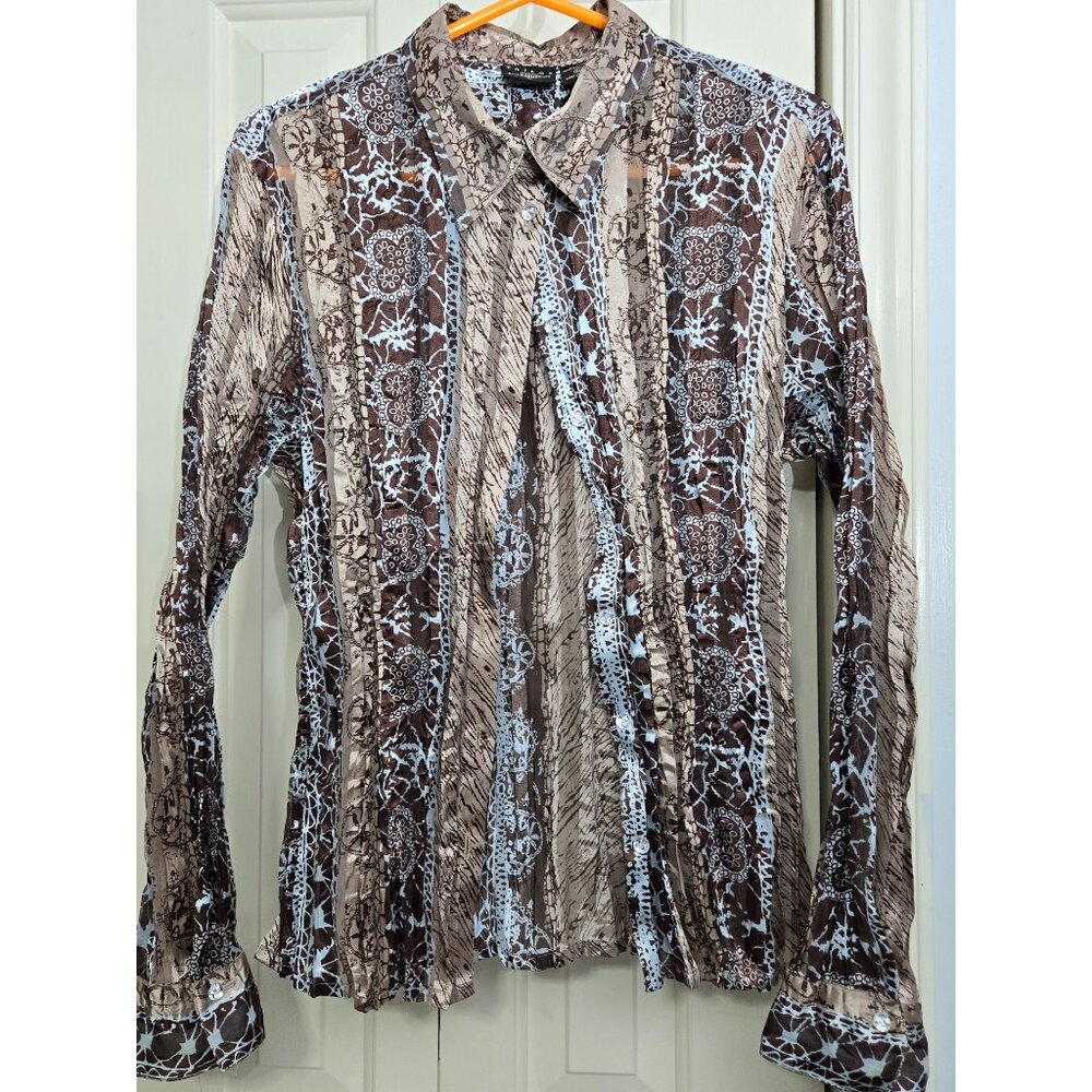 B.Moss Womens XL Sheer Brown & Beige Paisley Button-Up crinkle look  Blouse